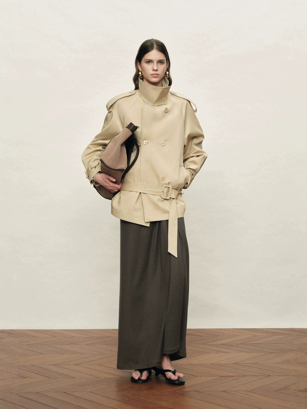 Zara Petite Short Trench Coat Stand Collar Double Breasted Waist Belt Epaulettes